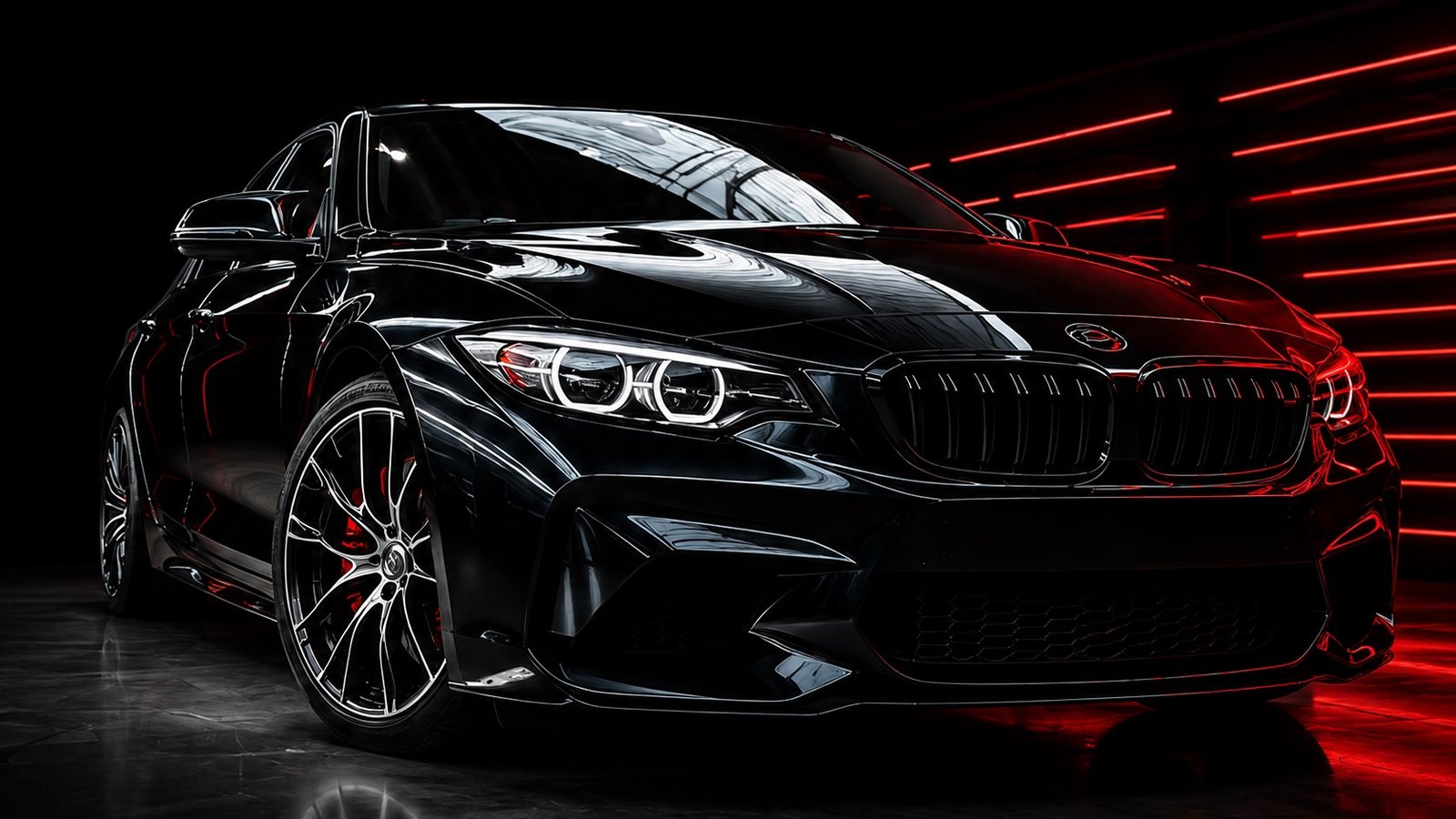 Black BMW coupé in a dark studio with red light bars behind it